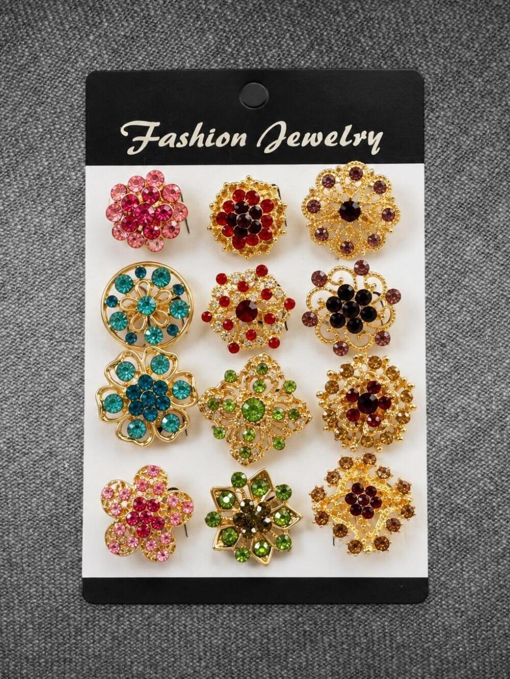 12-Piece Gold Tone Rhinestone Floral Fashion Pin Set